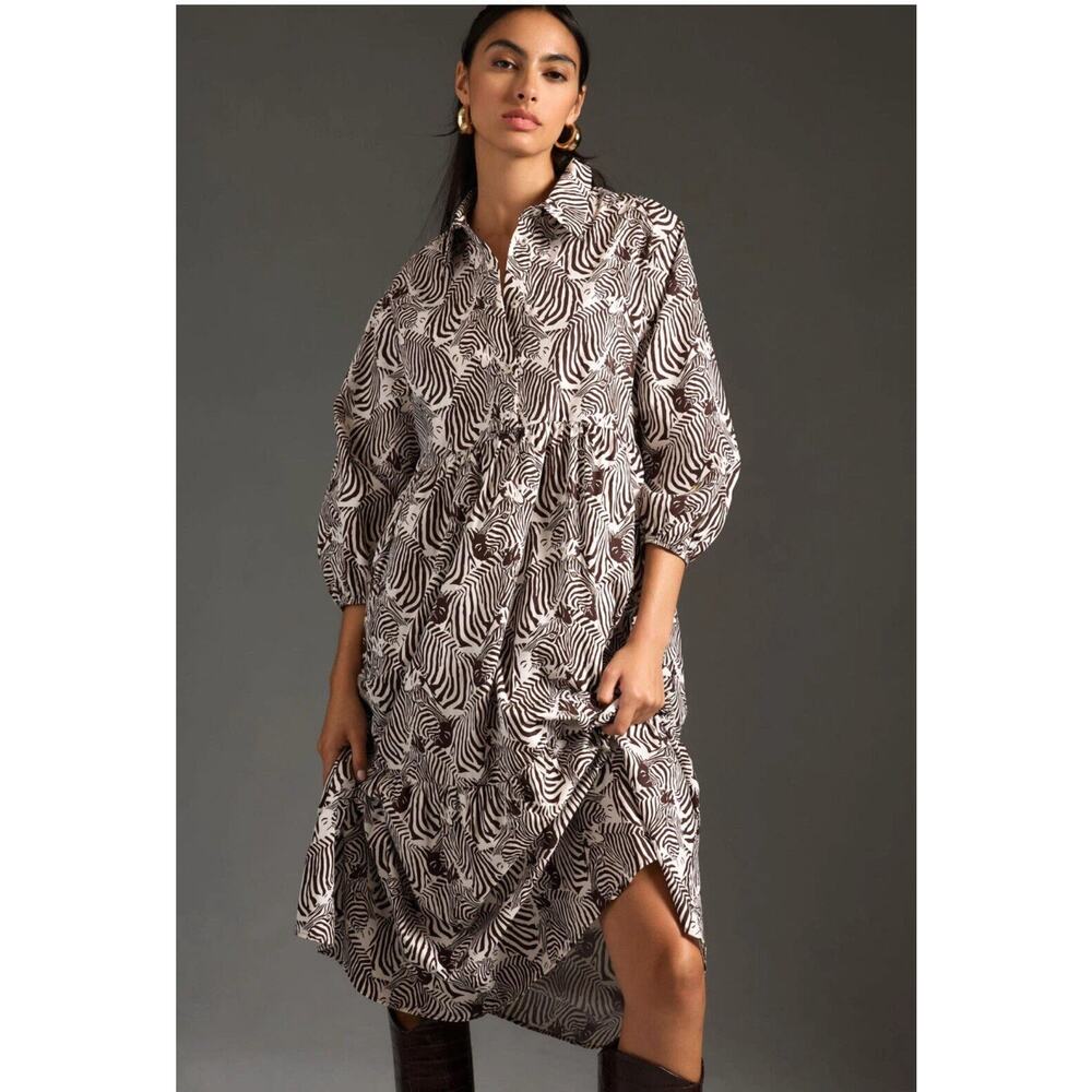 Anthropologie Maeve Bettina Tiered Shirt Dress Brown Zebra Print XS